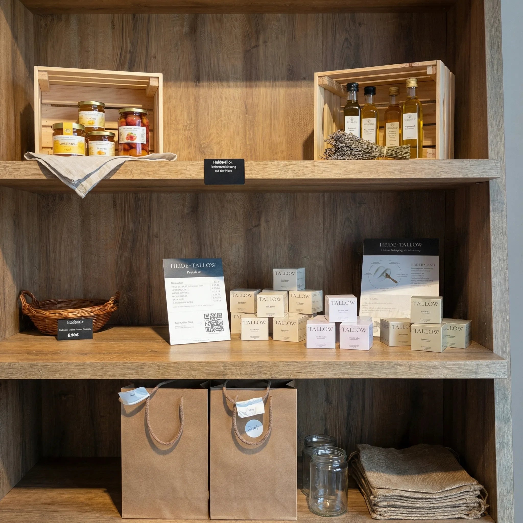HEIDE-TALLOW Produkte im Hofladen Hof Steinberg – regionale Präsentation im Partner-Hofladen