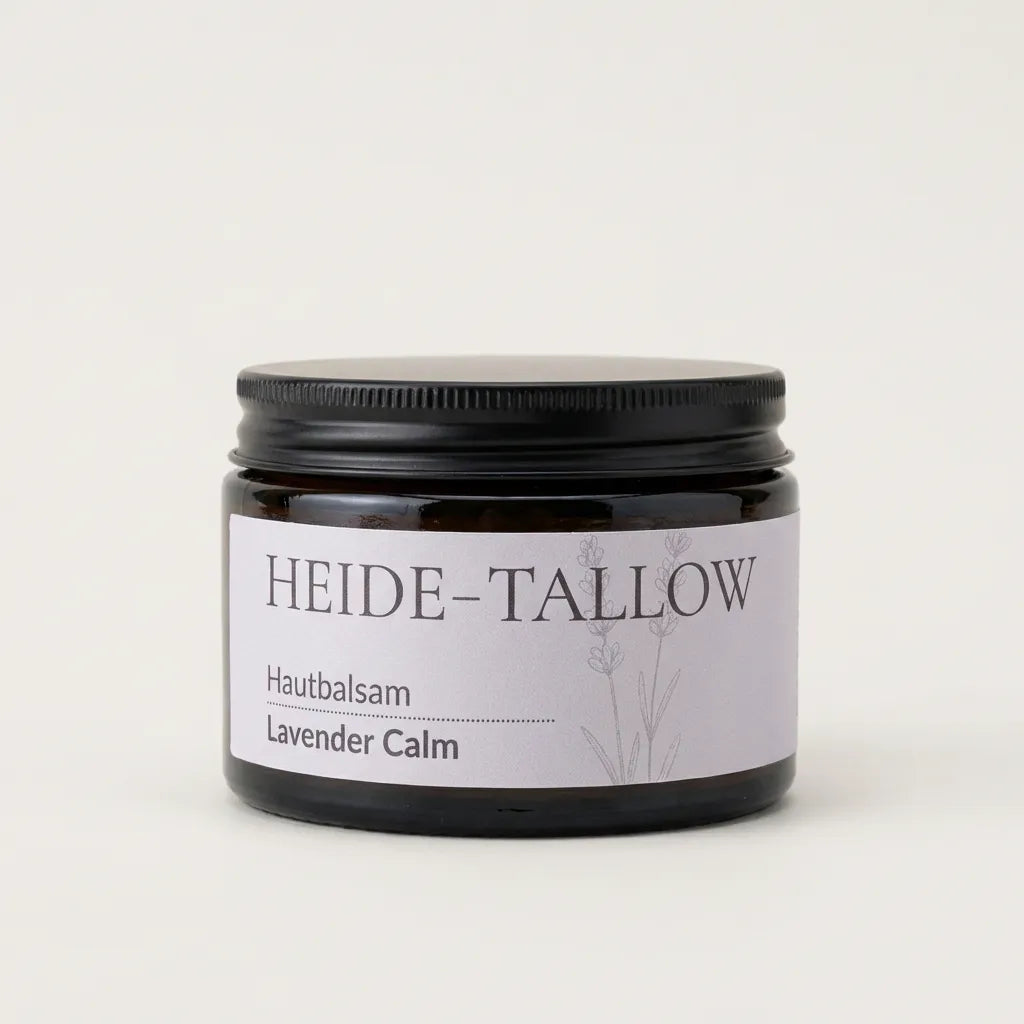 Lavender Calm Hautbalsam 100 ml von HEIDE-TALLOW – Frontansicht des Produkts mit Rindertalg, Jojobaöl und Lavendelöl
