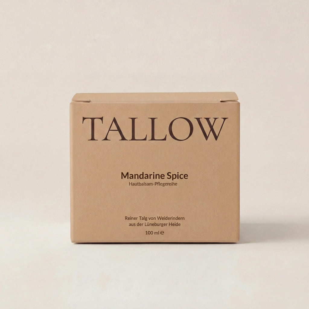 Mandarine Spice Hautbalsam 100 ml von HEIDE-TALLOW – Frontansicht der Verpackung