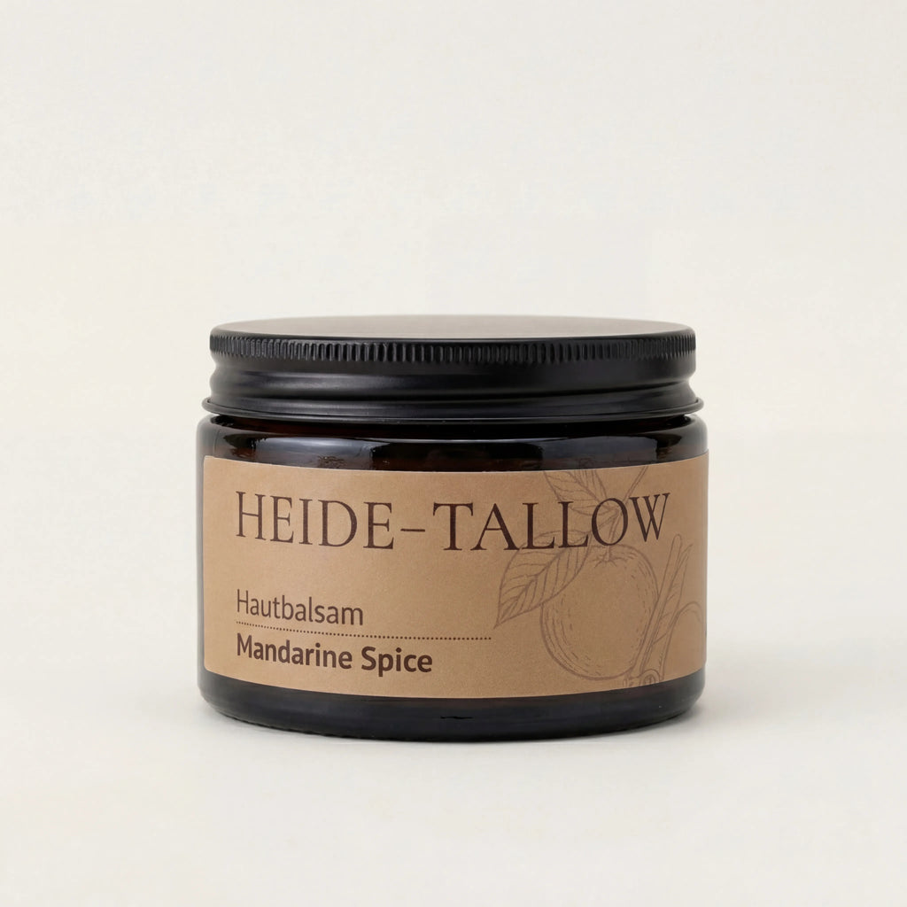 Mandarin Spice Hautbalsam 100 ml von HEIDE-TALLOW – Frontansicht des Produkts mit Rindertalg, Jojobaöl sowie Mandarinenöl und Zimtblätteröl