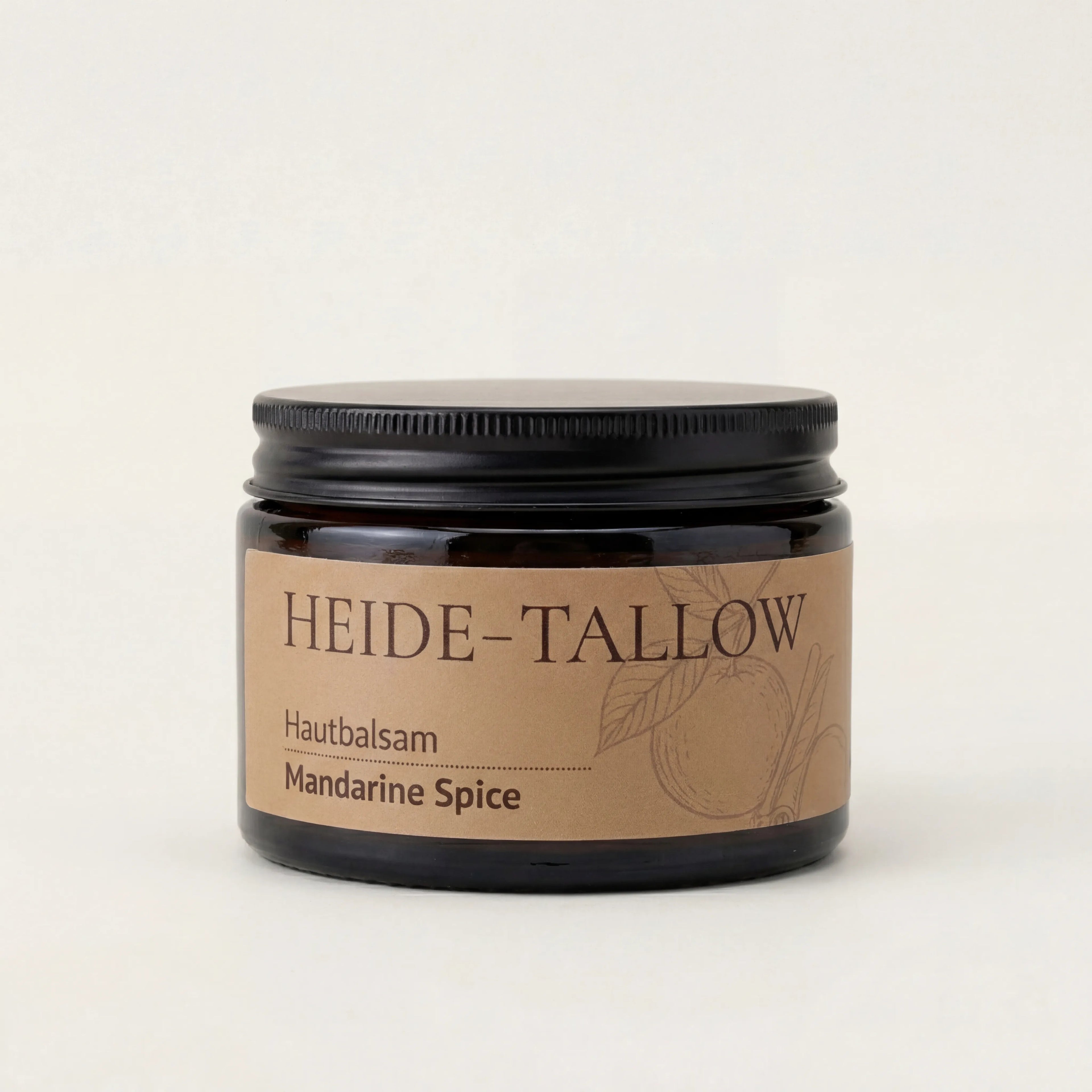 Mandarin Spice Hautbalsam 100 ml von HEIDE-TALLOW – Frontansicht des Produkts mit Rindertalg, Jojobaöl sowie Mandarinenöl und Zimtblätteröl