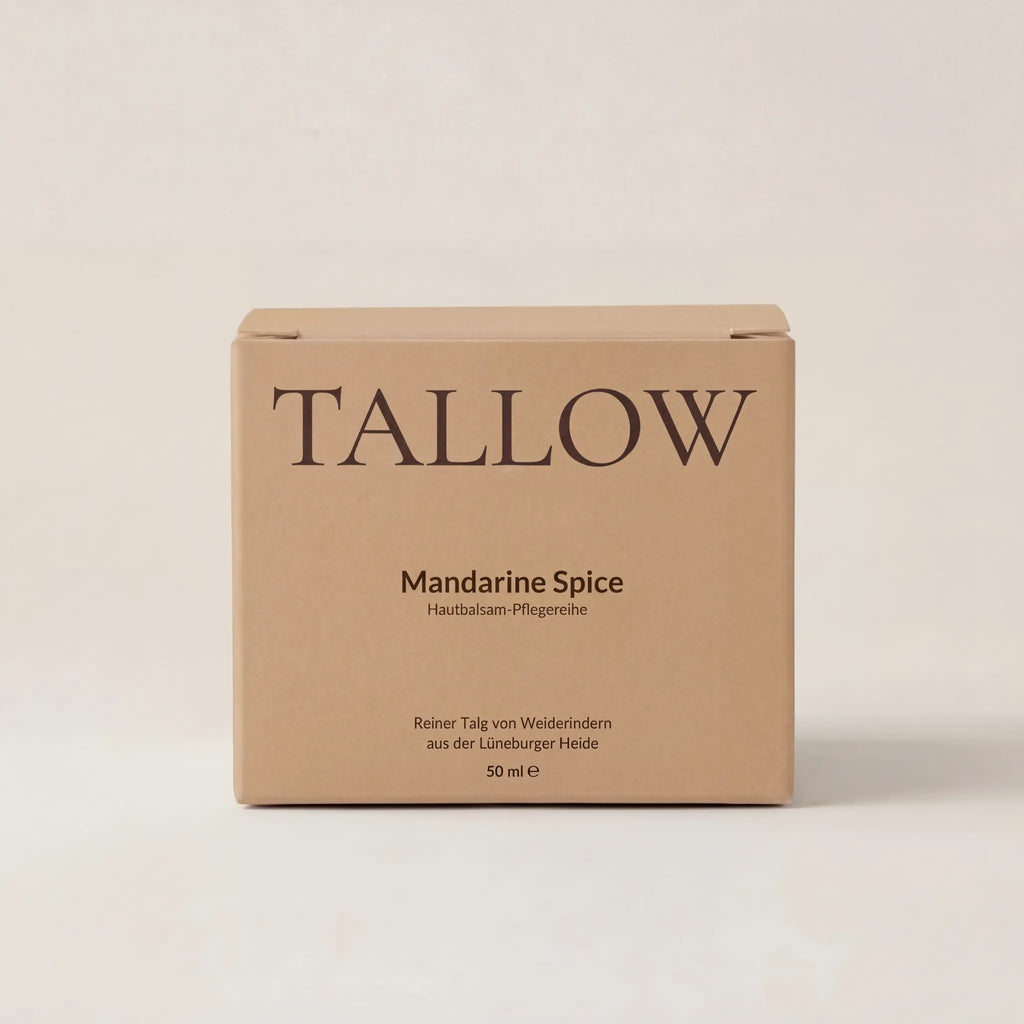 Mandarine Spice Hautbalsam 50 ml von HEIDE-TALLOW – Frontansicht der Verpackung