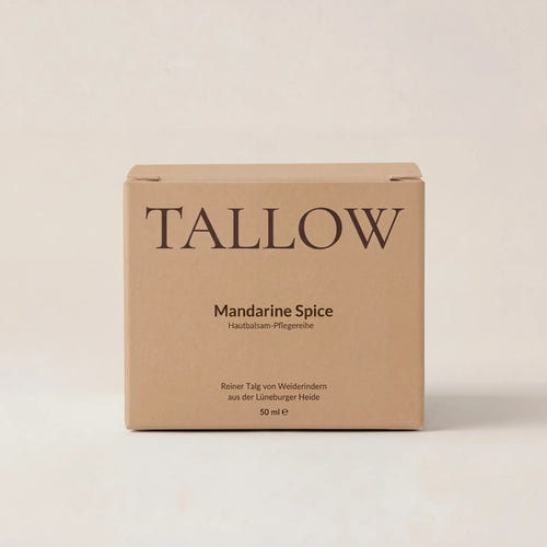 Mandarine Spice Hautbalsam 50 ml von HEIDE-TALLOW – Frontansicht der Verpackung