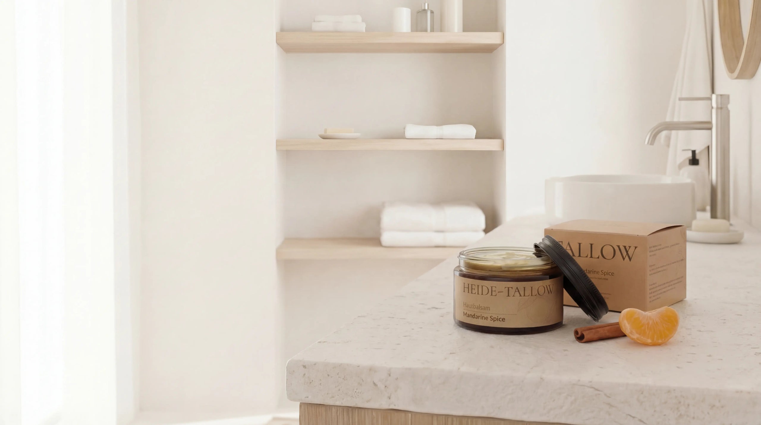 Mandarine Spice Hautbalsam von HEIDE-TALLOW – natürlicher Tallow-Hautbalsam mit Rindertalg, Jojobaöl und Mandarine für trockene Haut