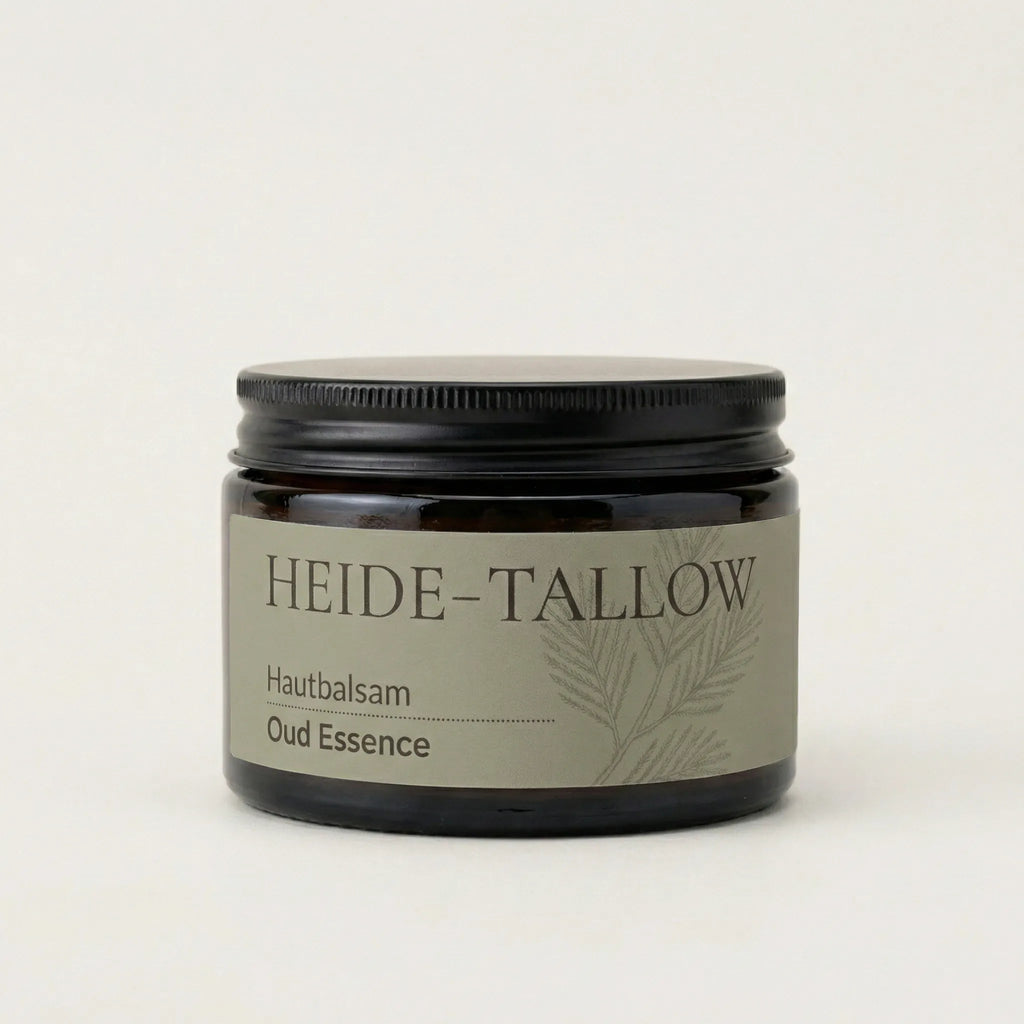 Oud Essence Hautbalsam 100 ml von HEIDE-TALLOW – Frontansicht des Produkts mit Rindertalg, Jojobaöl sowie Fichtennadel-, Zedernholz- und Rosmarinö