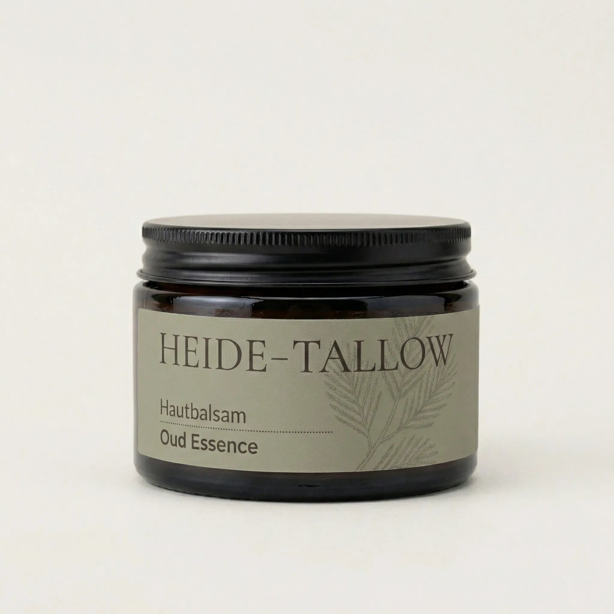 Oud Essence Hautbalsam 100 ml von HEIDE-TALLOW – Frontansicht des Produkts mit Rindertalg, Jojobaöl sowie Fichtennadel-, Zedernholz- und Rosmarinö