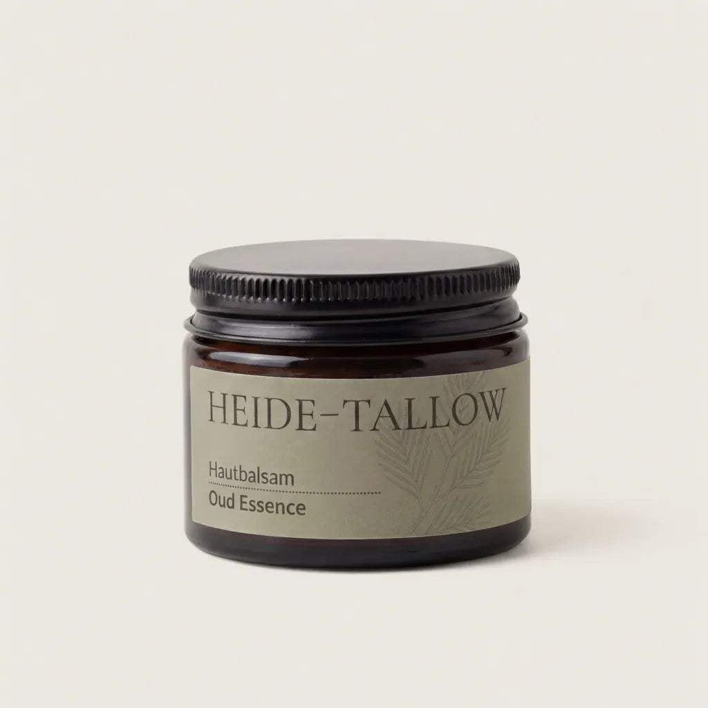 Oud Essence Hautbalsam 50 ml von HEIDE-TALLOW – Frontansicht des Produkts mit Rindertalg, Jojobaöl sowie Fichtennadel-, Zedernholz- und Rosmarinö