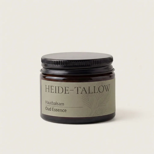 Oud Essence Hautbalsam 50 ml von HEIDE-TALLOW – Frontansicht des Produkts mit Rindertalg, Jojobaöl sowie Fichtennadel-, Zedernholz- und Rosmarinö