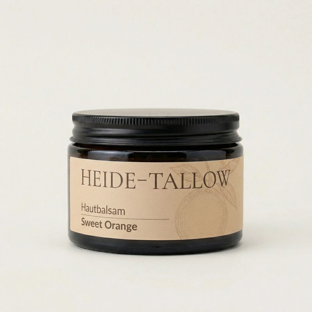 Sweet Orange Hautbalsam 100 ml von HEIDE-TALLOW – Frontansicht des Produkts mit Rindertalg, Jojobaöl und Süßorangenöl