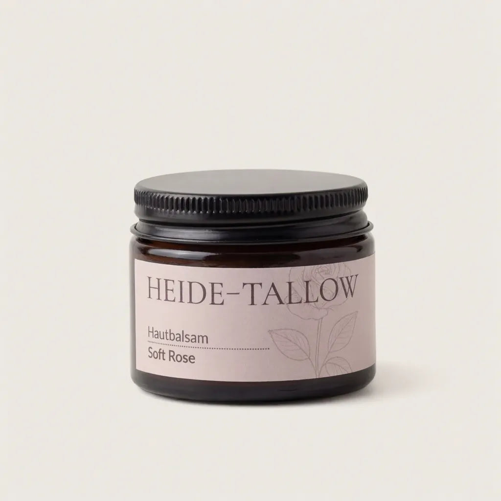 Soft Rose Hautbalsam 50 ml von HEIDE-TALLOW – Frontansicht des Produkts mit Rindertalg, Jojobaöl sowie Palmarosa-, Rosengeranien- und Bergamotteöl