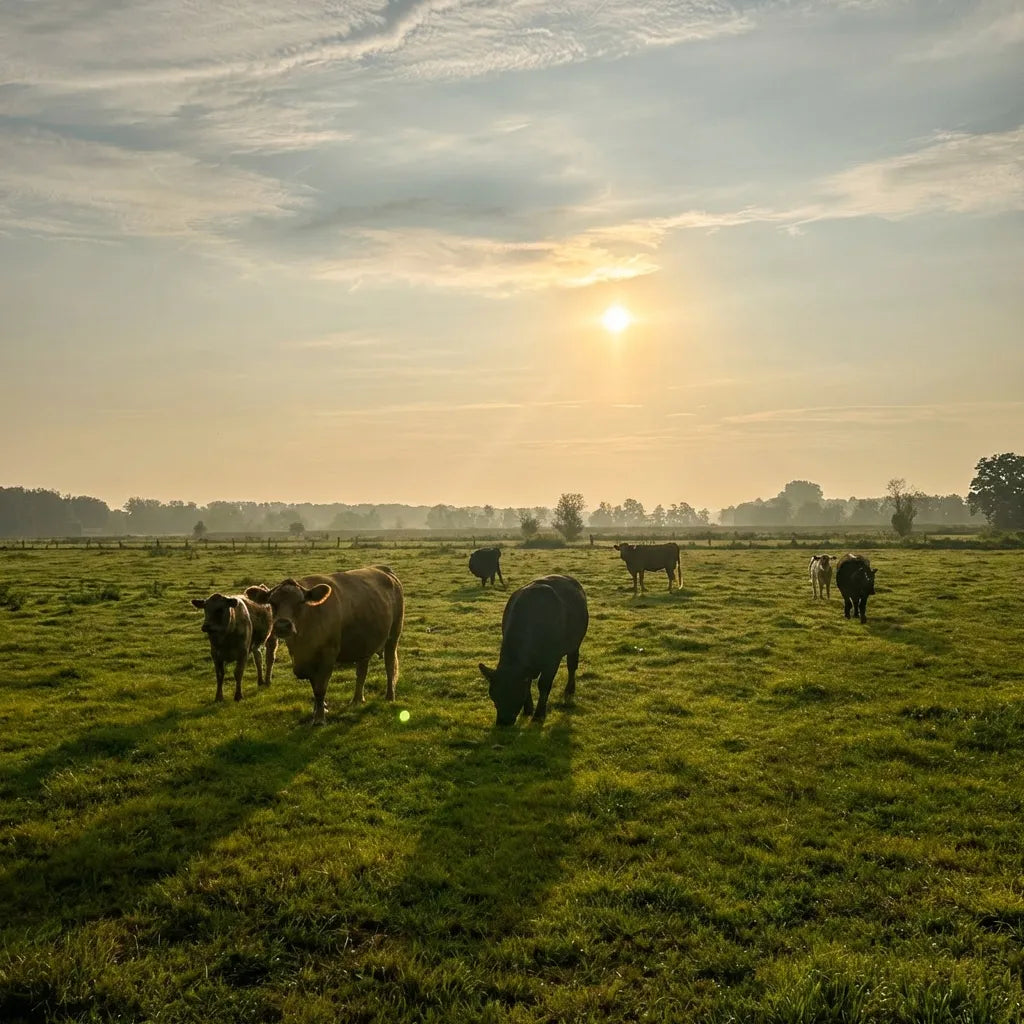 Rinder auf Weide bei Sonnenaufgang – Herkunftsbild für nachhaltige HEIDE-TALLOW Hautpflege